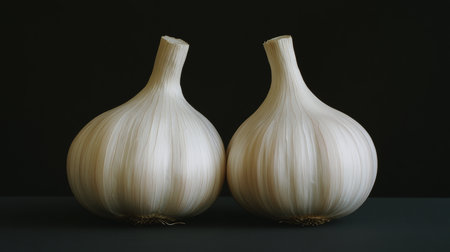 Two Whole Garlic Bulbs, Creamy White, Textured Skin, Isolated on Black, Culinary Ingredientの素材