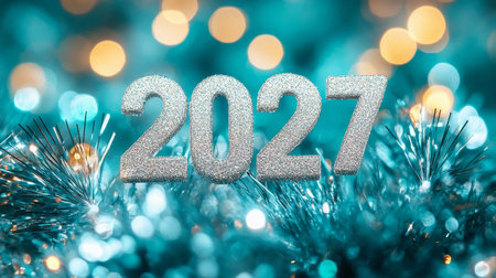 Silver 2027 New Year Numbers On Teal Sparkling Holiday Background With Bokeh Lights And Fireworksの素材