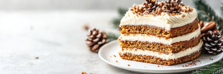 Slice of Festive Gingerbread Cake with Cream Cheese Frosting and Pine Cones, Holiday Dessertの素材