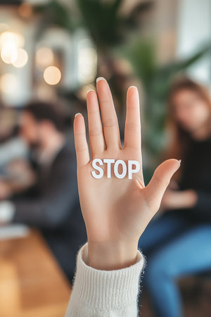 Woman s Hand Displays STOP Sign In Front Of Blurred Office or University Backgroundの素材