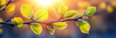 Spring Awakening Close-up of Fresh Green Leaves on a Branch, Bathed in Golden Sunlight.の素材