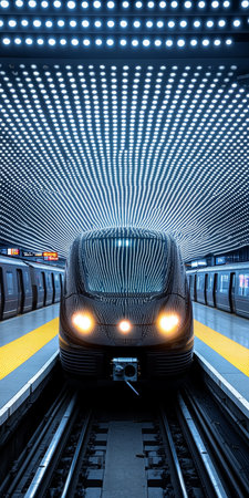 Empty, Modern Underground Subway Station Platform with Parked, Headlight Illuminated Trainの素材