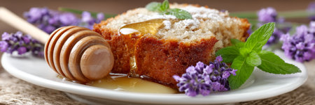 Slice of Lavender Honey Cake on White Plate, Garnished with Honeycomb Sprig of Lavenderの素材