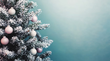 Frosted Christmas Tree with Teal and White Baubles, Turquoise Background, Copy Space.の素材