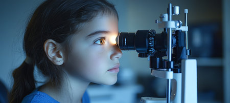 Young Girl Having Eye Examined, Ophthalmologist Using Slit Lamp, Pediatric Healthcareの素材