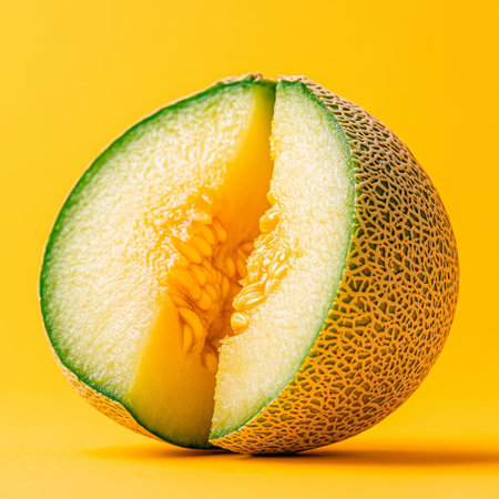 Ripe Galia Melon Halved, Revealing Vibrant Green and Yellow Flesh, Isolated on Yellow Backgroundの素材
