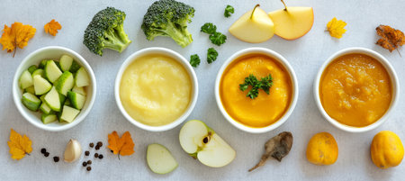 Healthy Homemade Baby Food Bowls of Vegetable Puree with Fresh Apples, Broccoli, and Pumpkinの素材