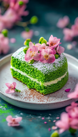 Slice of Green Matcha Cake with White Frosting and Edible Flowers on a Green Backgroundの素材