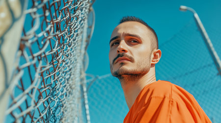 Man in orange uniform behind chain link fence, contemplative expression, bright blue sky.の素材