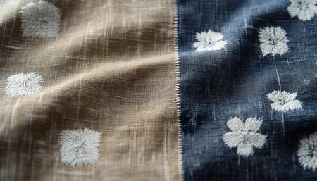 Textured Linen Background With Embroidered Floral Design, Eco-Friendly Craft Fabric, Close Up Detailの素材