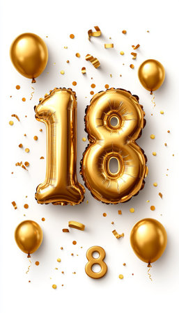 Golden number 18 balloons with festive balloons and confetti celebrating an 18th birthday.の素材