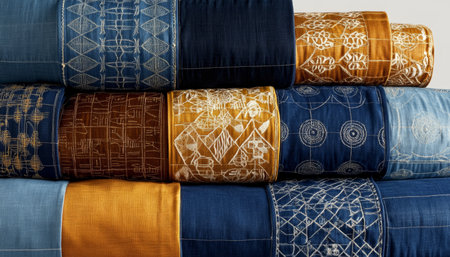 Stack of Exquisitely Embroidered Linen Fabrics in Earthy Tones and Geometric Patterns.の素材