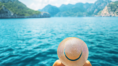 Woman in Straw Hat and Summer Relaxation on a Tropical Beach, Travel and Vacation Conceptの素材