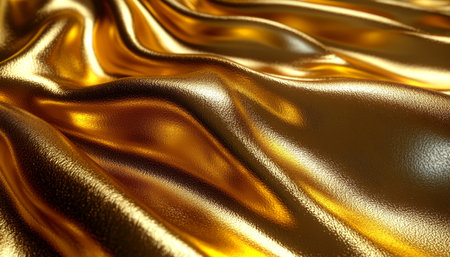 Abstract Gold Background, Luxurious Flowing Golden Waves, Elegant Metallic Silk Fabric Textureの素材