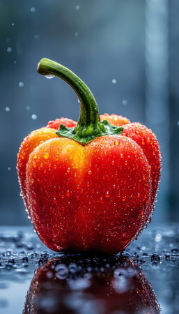 Glossy Red Bell Pepper with Water Droplets, Isolated on a Reflective Black Backgroundの素材