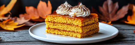 Spice Cake Slice with Whipped Cream Topping and Caramel Drizzle, Autumn Dessert Conceptの素材