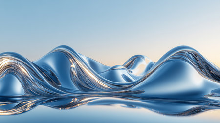 Abstract Background With Dynamic, Flowing, Silver Fluid Waves On A Soft Gradient, 3D Renderの素材