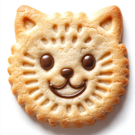 Delicious Cat Face Shaped Cookie Isolated on White Background, Perfect for Pet Loversの素材