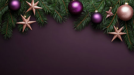 Christmas Border With Purple Ornaments, Stars, And Fir Branches On Burgundy Backgroundの素材