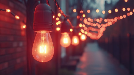 Festive String Lights, Outdoor Celebration Decor with Warm Glow Bokeh, Twilight Ambianceの素材