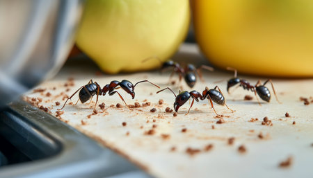 Ants Feasting A Close-Up View of a Kitchen Counter Infestation with Scattered Food Crumbsの素材