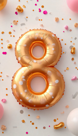 Golden Number 8 Balloon Surrounded By Party Balloons And Confetti On White Backgroundの素材