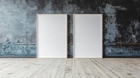 Two Blank Vertical Wood Frame Mockups Against a Grunge Wall on Wooden Floor, 3D Illustrationの素材