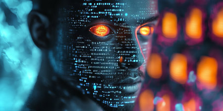 Portrait of Man with Glowing Eyes and Digital Coding Overlay, Depicting Artificial Intelligenceの素材