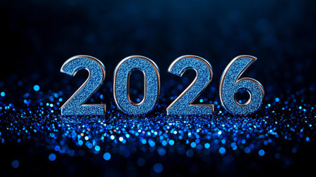 Sparkling Silver 2026 on Blue Festive Glitter Background, New Year Celebration Conceptの素材