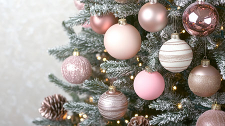 Frosted Christmas Tree Decorated with Pink and Gold Ornaments, Creating a Warm Holiday Backgroundの素材