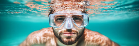 Close Up Portrait of Young Male Snorkeler with Diving Mask in Clear Blue Tropical Waterの素材
