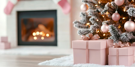 Elegant Christmas Presents under Decorated Tree by Fireplace, Minimalist Festive Holiday Interiorの素材