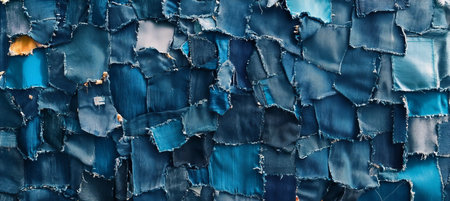 Blue Denim Patchwork Sustainable Fashion, Denim Recycling Art Abstract Texture Background.の素材