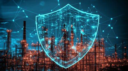 Shield Over Industrial Plant Symbolizing Critical Infrastructure Cybersecurity Protectionの素材
