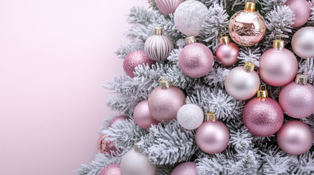 Festive Frosted Christmas Tree With Pink And Gold Bauble Ornaments On Pink Backgroundの素材