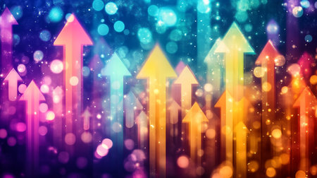 Vibrant Progress Upward Arrows Soaring Through Colorful Bokeh Representing Growth and Energyの素材
