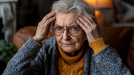 Stressed Senior Woman with Headache Holds Hands to Head in Frustration, Seeking Relief.の素材
