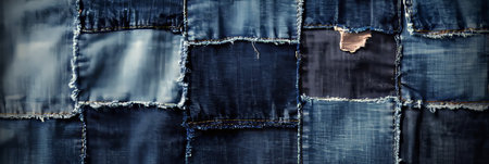 Close-up of stylish patchwork denim background, showcasing various shades and textile patterns.の素材