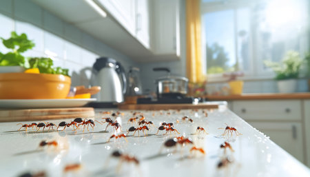Ant Infestation Close-Up of Ants on Kitchen Counter, Highlighting Unsanitary Conditionsの素材