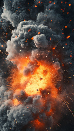 Devastating Explosion, With Bright Orange And Grey Smoke Billowing Outwards, Sparks And Debrisの素材