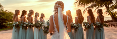 Bride and Bridesmaids in Pastel Dresses with Bouquets at Sunset Beach Wedding Ceremonyの素材