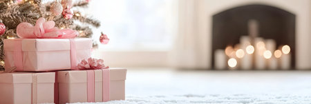 Pink Christmas Presents Under Tree By Cozy Fireplace, Minimalist Scandinavian Style Holiday Interiorの素材