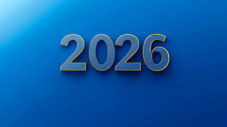 2026 Numbers In Bold Font With Gold Outline On Vivid Blue Background, New Year Concept, 3D Renderの素材