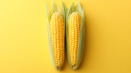 Two fresh corn cobs, bright yellow kernels intact, isolated on a vivid yellow backgroundの素材
