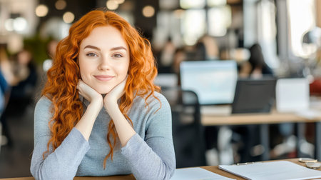 Confident Young Redhead Woman Smiling in a Modern Office Setting, Businesswoman Portrait.の素材