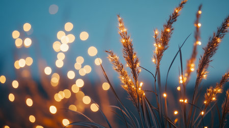 Golden Hour Celebration Bokeh With Whispy Brown Grasses and De-Focused Outdoor String Lightsの素材