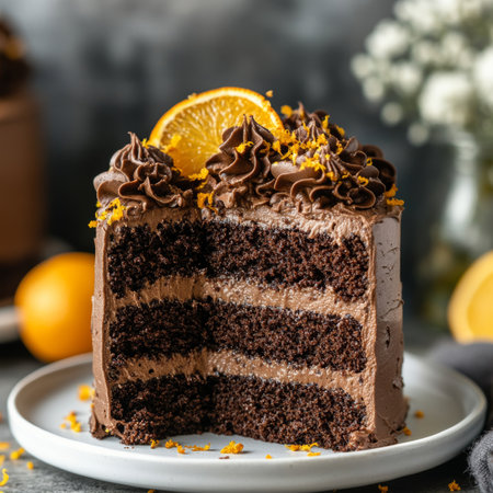 Slice of Three-Layer Chocolate Cake with Chocolate Frosting, Orange Slice Garnish, and Orange Zestの素材