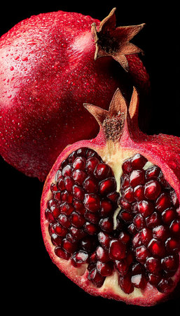 Ripe, Juicy Pomegranates, One Sliced Open Displaying Seeds, Against a Dramatic Black Backgroundの素材