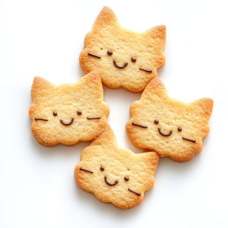Four Adorable Cat Face Sugar Cookies, Sweet Treats on Seamless White for Feline Fun Food Photographyの素材