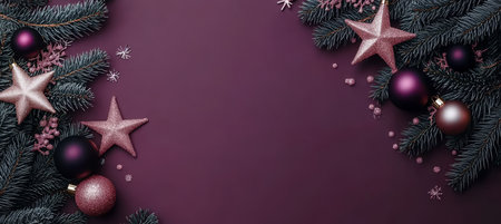 Christmas Banner With Purple And Pink Ornaments On Royal Purple Background With Copy Spaceの素材